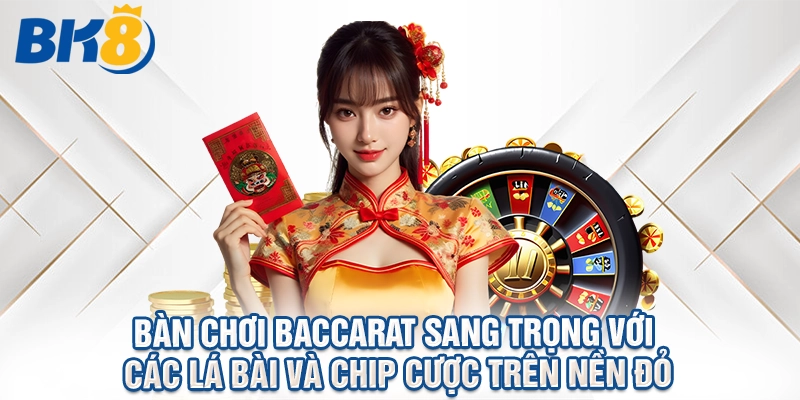 Bàn chơi baccarat sang trọng với các lá bài và chip cược trên nền đỏ