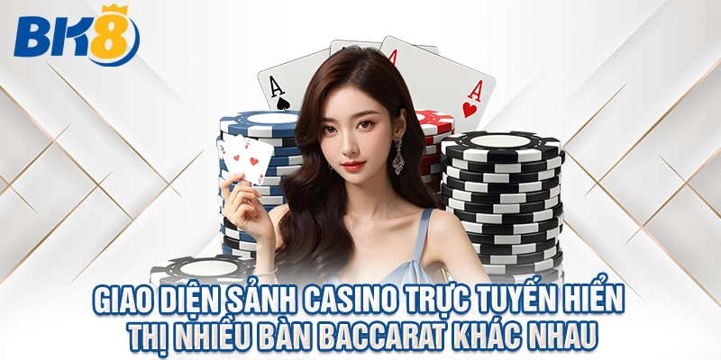 Giao diện sảnh casino trực tuyến hiển thị nhiều bàn baccarat khác nhau